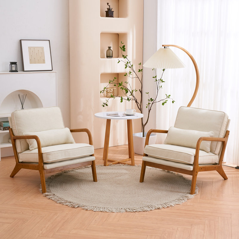 George Oliver Mid Century Solid Wood Accent Chair Upholstered Armchair with An Extra Pillow George Oliver Fabric or Leather Type Beige Linen Blend